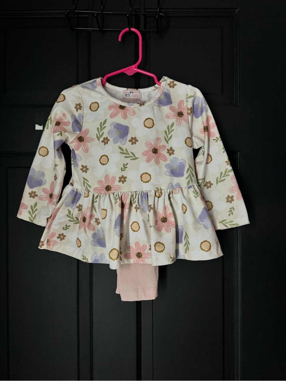 Girls Floral Peplum Top with pink leggings - Cream with Pink & Lavender Flowers
